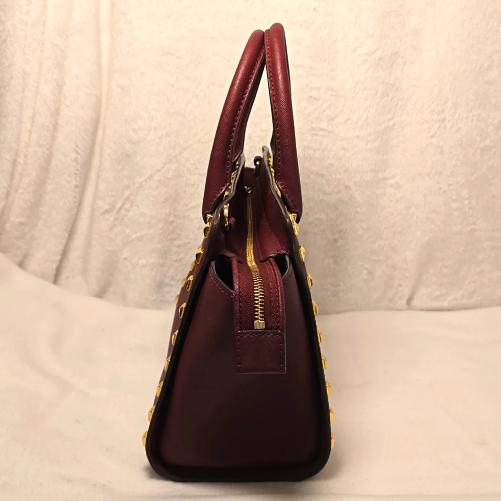 Michael Kors Burgundy Medium Selma Studded Saffiano Satchel - Picture 3 of 14